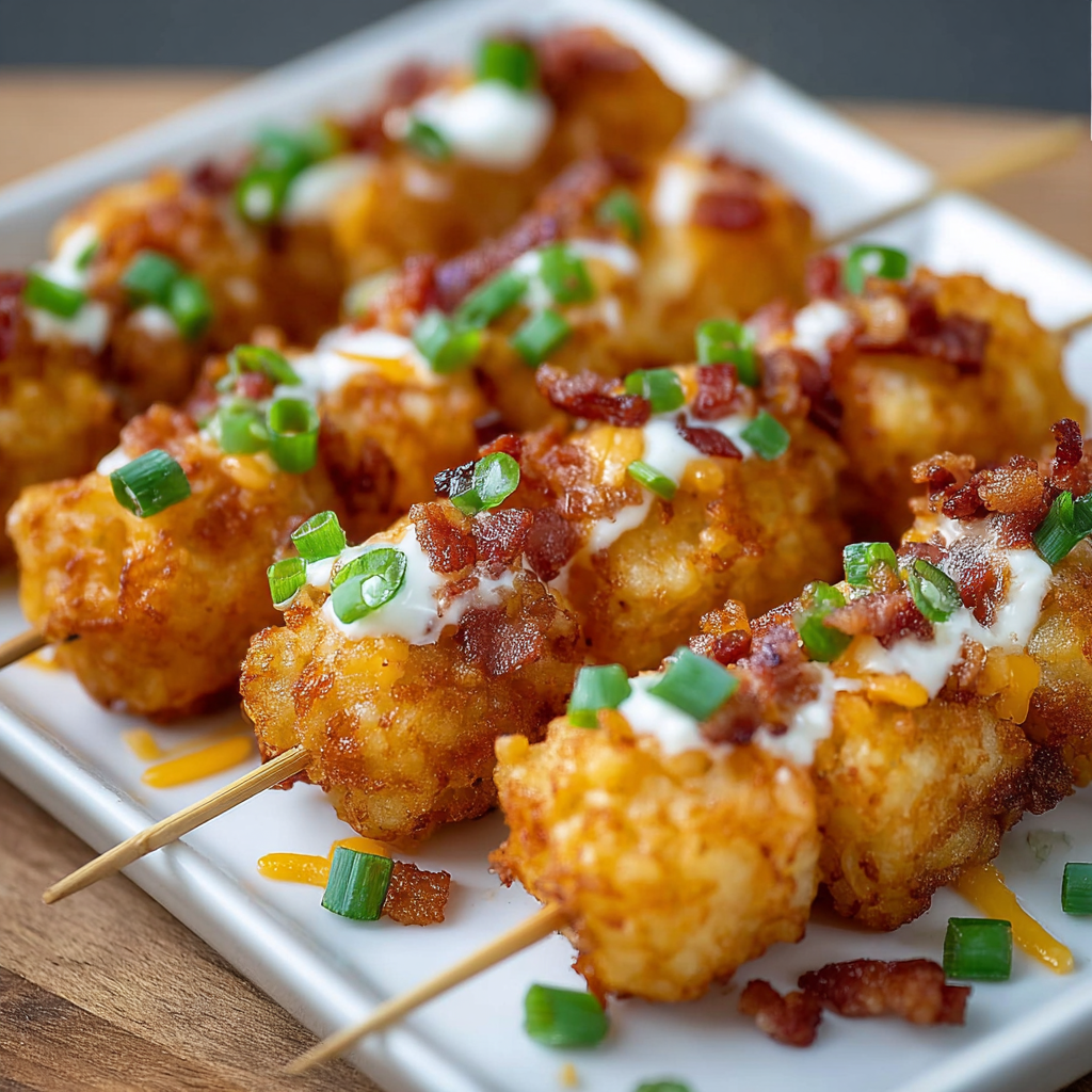 A plate of Loaded Tater Tot Skewers, topped with cheese and bacon, is ready to be enjoyed.