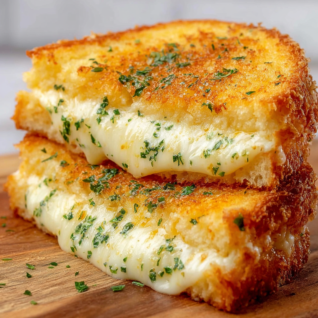 A close up of a grilled cheese sandwich with herbs on top.