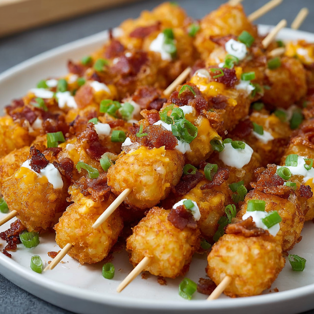 A plate of bacon wrapped tater tots with white cheese and green onions.
