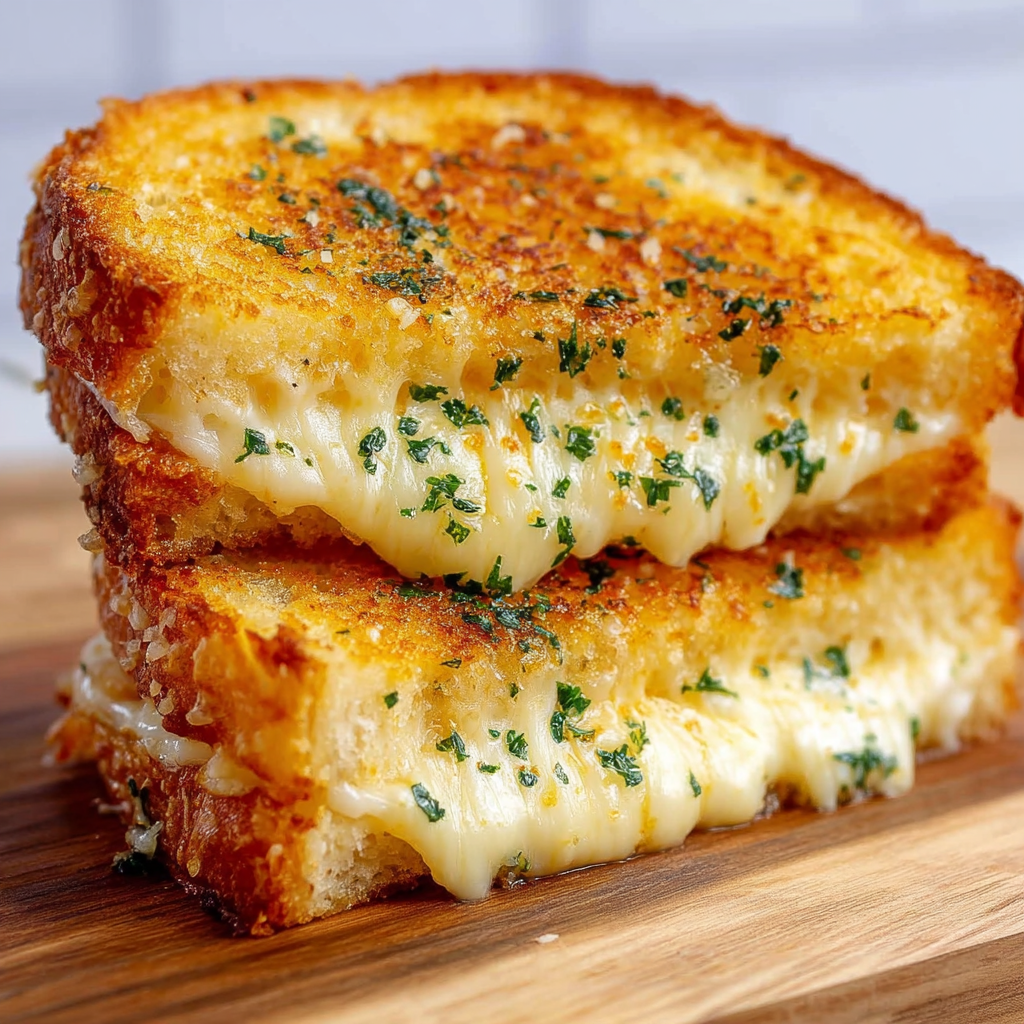 A close up of a grilled cheese sandwich with herbs on a wooden table.
