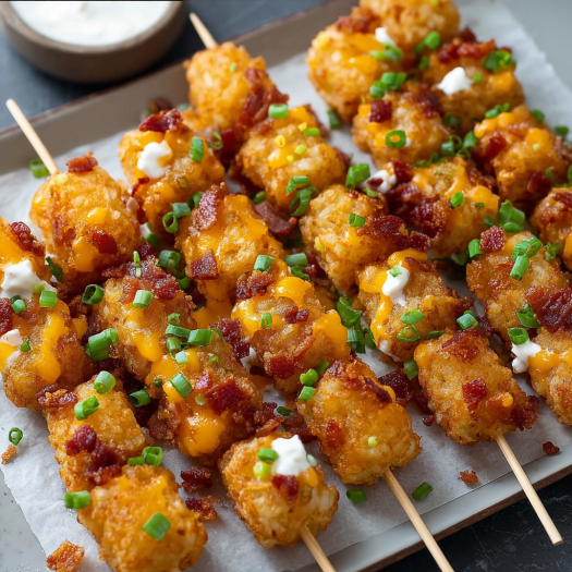A plate of Loaded Tater Tot Skewers with cheese and bacon.