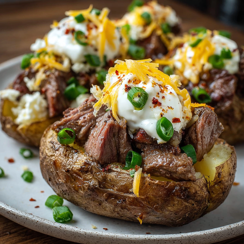 A plate of loaded baked potato steak bites with cheese and peppers on top.