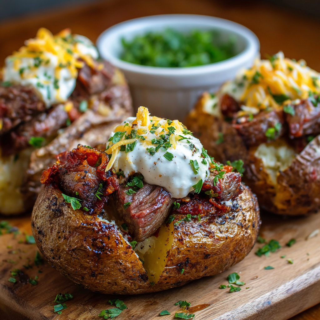 A delicious meal of Loaded Baked Potato Steak Bites, served on a wooden platter.
