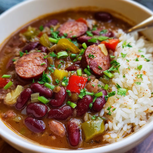 A bowl of red beans and rice with a spoon in it.
