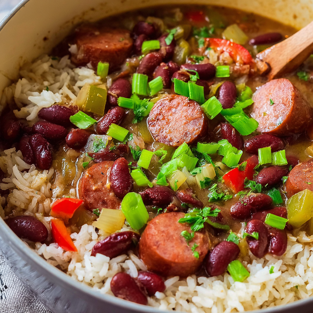 A bowl of rice with sausage and beans, possibly a chili dog or a bean and sausage stew.