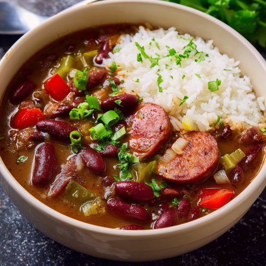 A bowl of chili with rice and sausage, garnished with green onions.