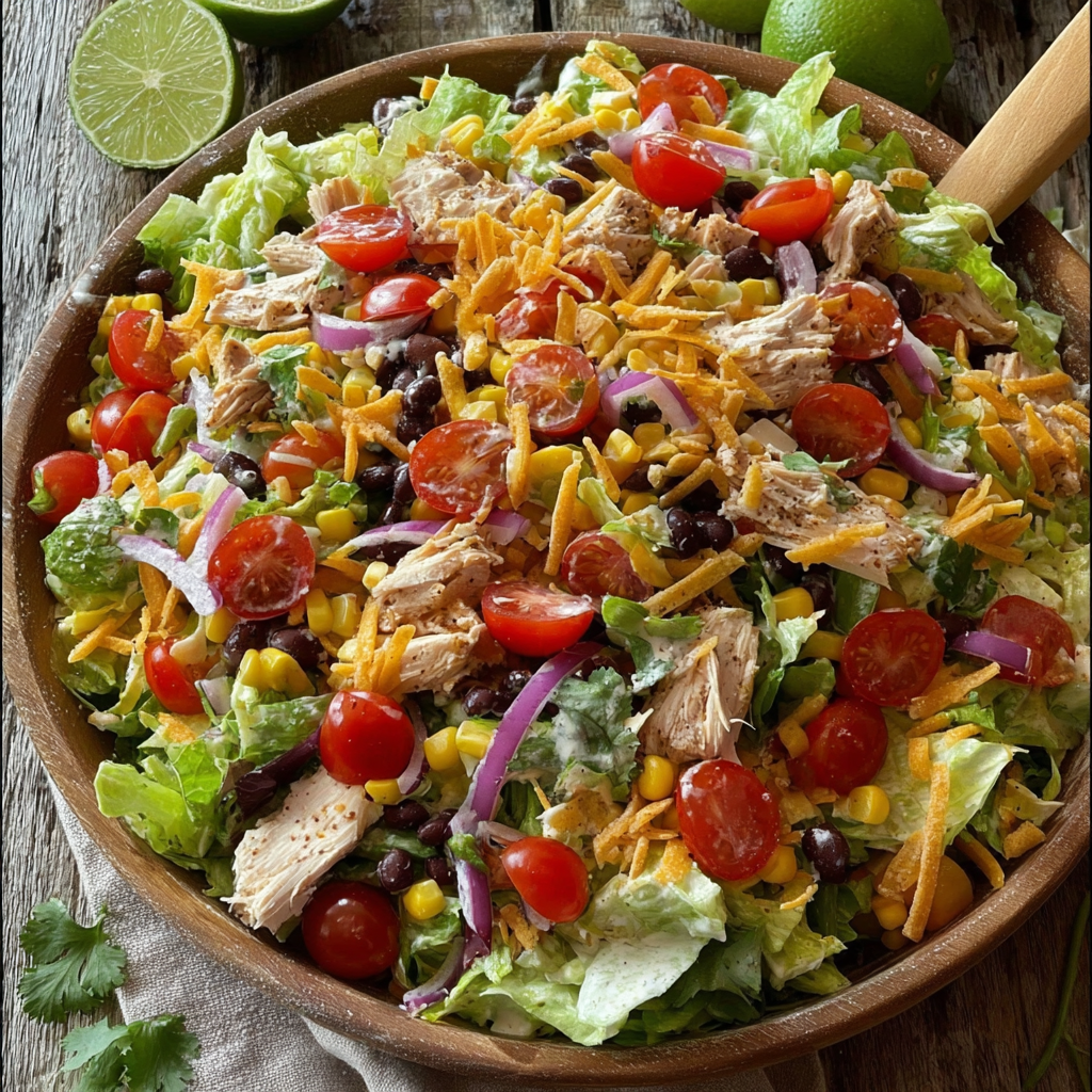 A bowl of salad with chicken, tomatoes, and cheese.