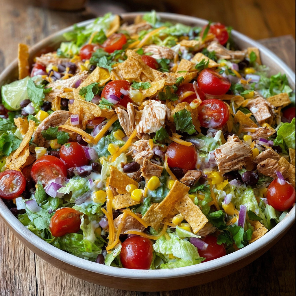 A bowl of salad with various toppings, including tomatoes, lettuce, and cheese, is displayed on a wooden table.