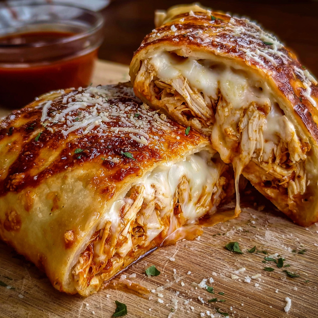 A delicious BBQ Chicken Cheese Stromboli is served on a wooden cutting board.