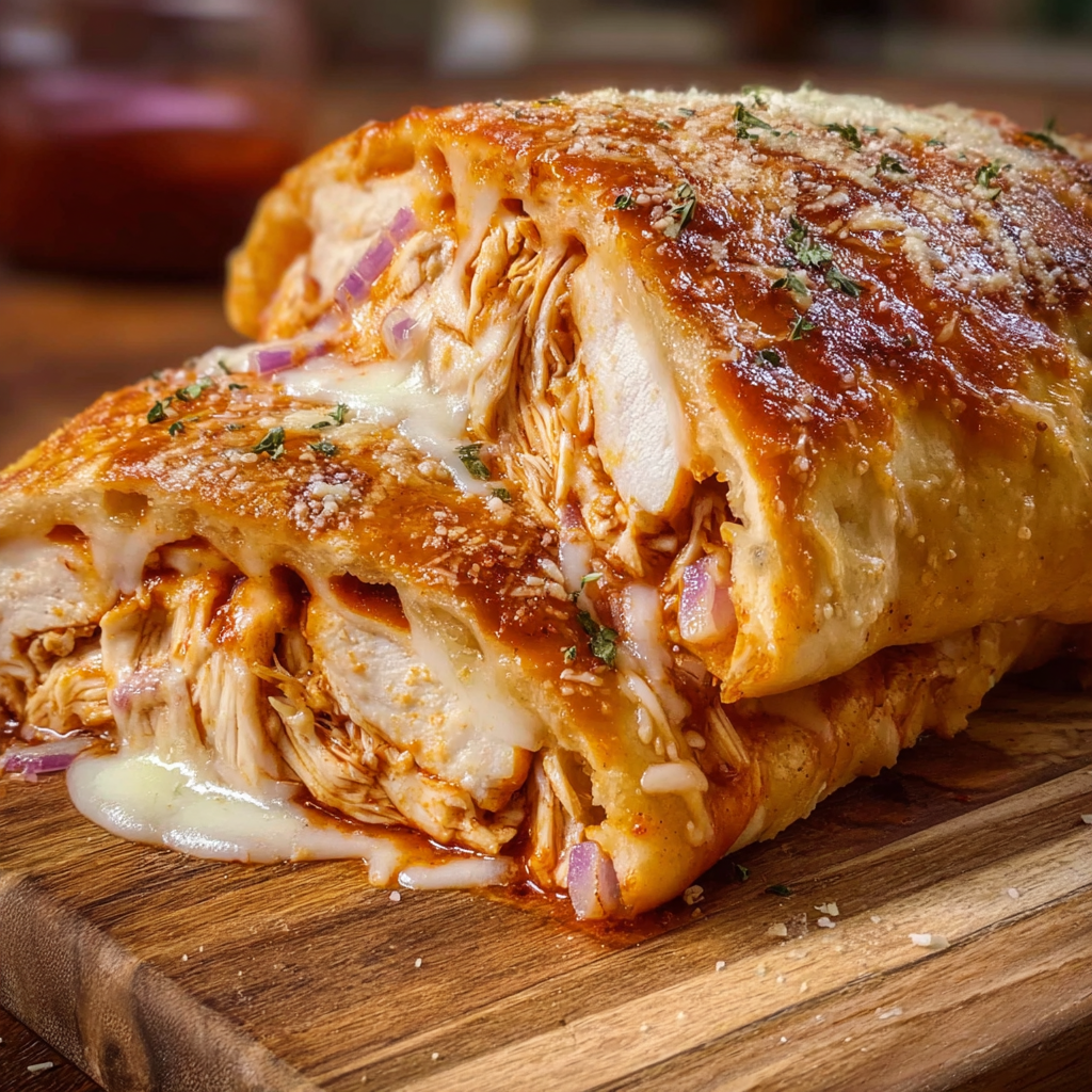 A BBQ Chicken Cheese Stromboli is sliced and ready to be served.