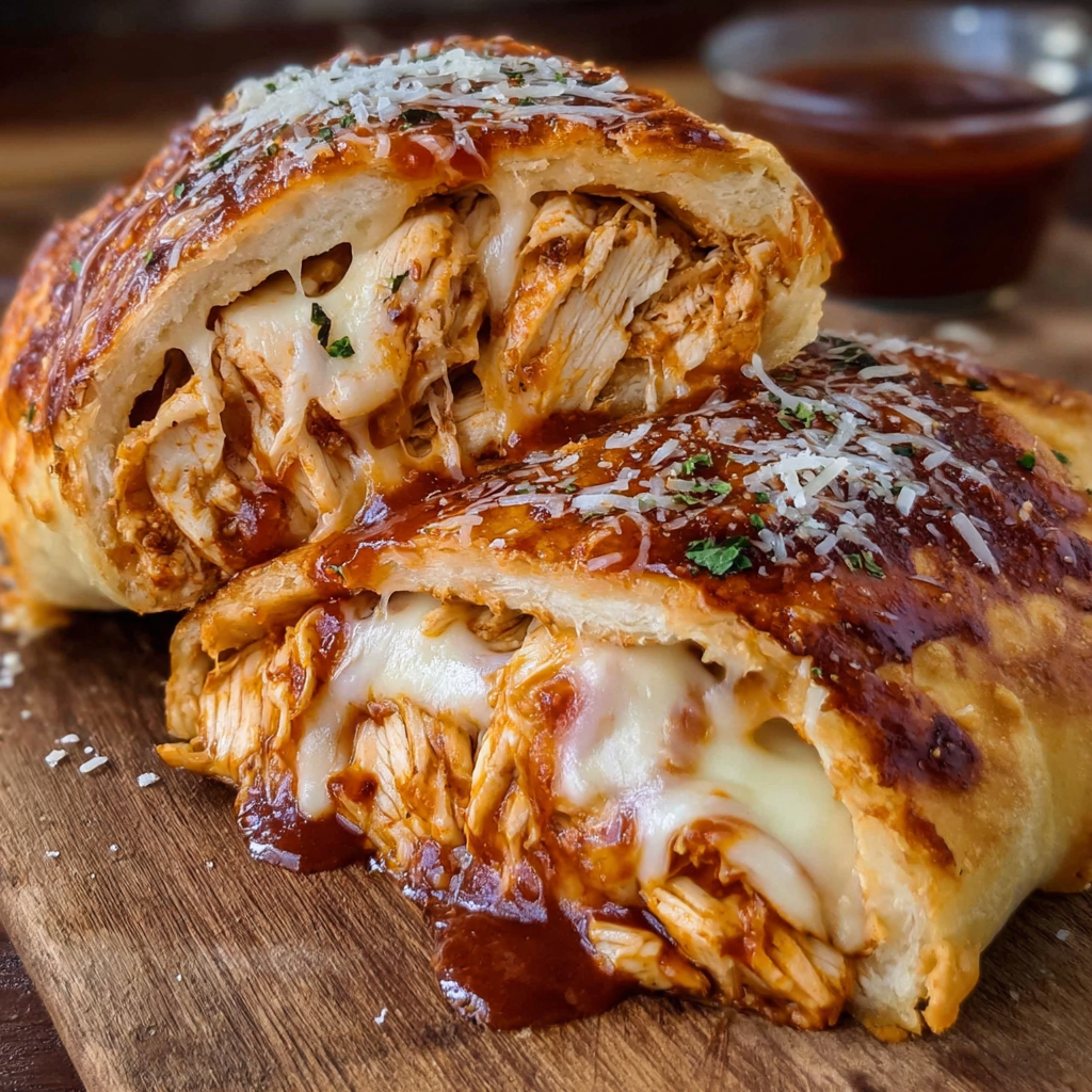 A BBQ Chicken Cheese Stromboli is served on a wooden table.