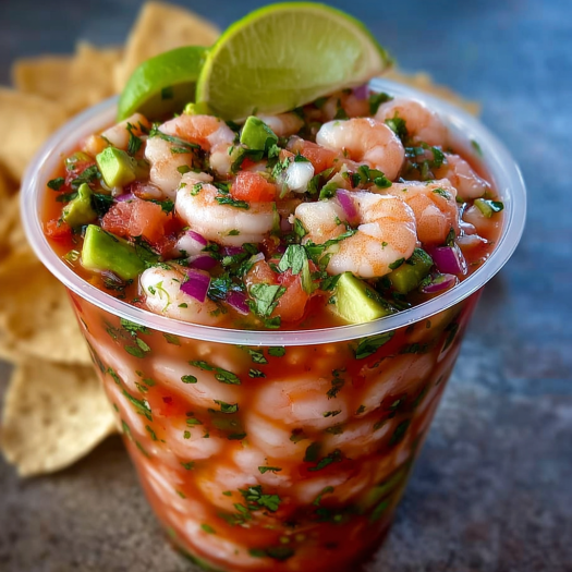 A bowl of Mexican Shrimp Cocktail with a lime wedge on top.