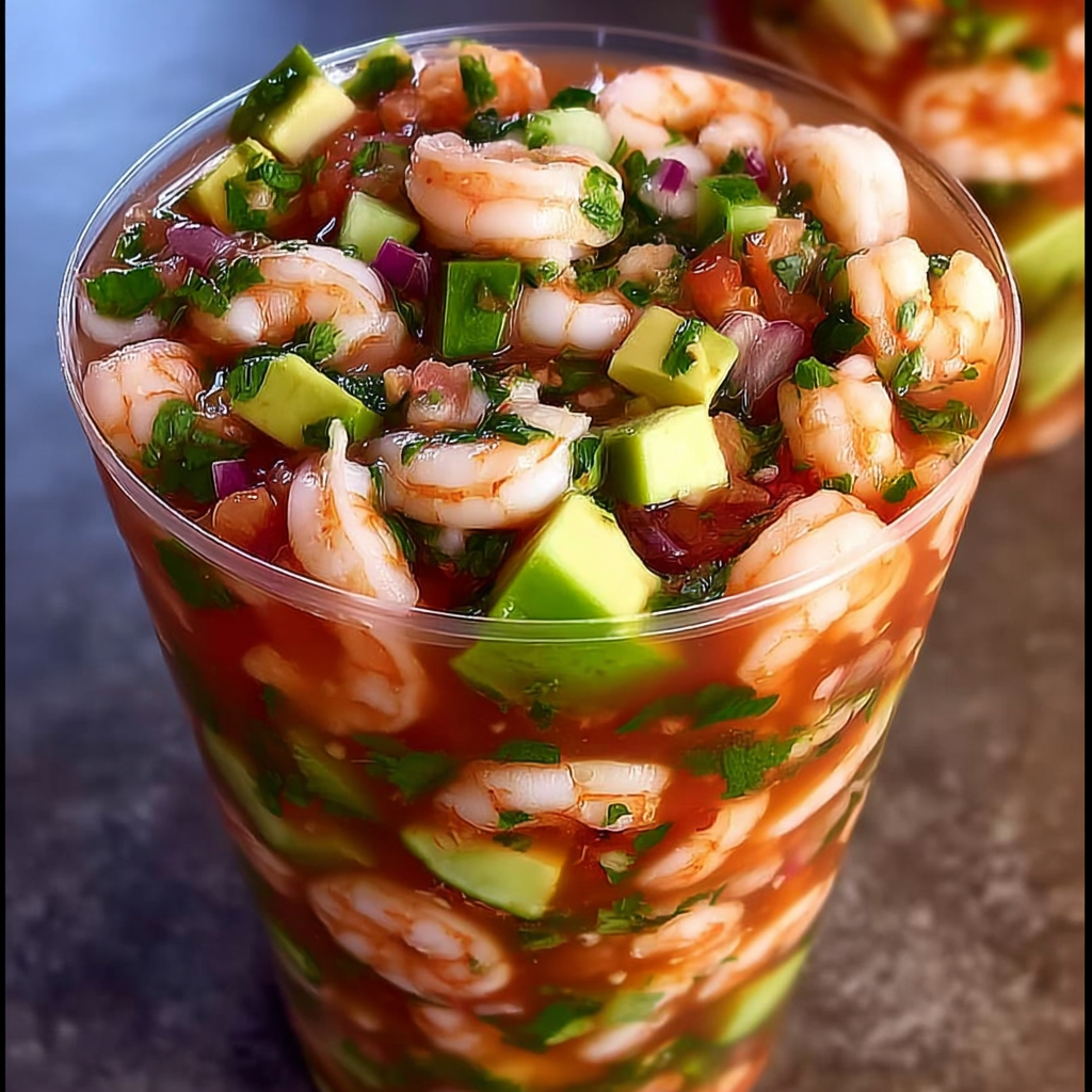 A cup filled with a Mexican Shrimp Cocktail, containing shrimp, avocado, and various other ingredients.