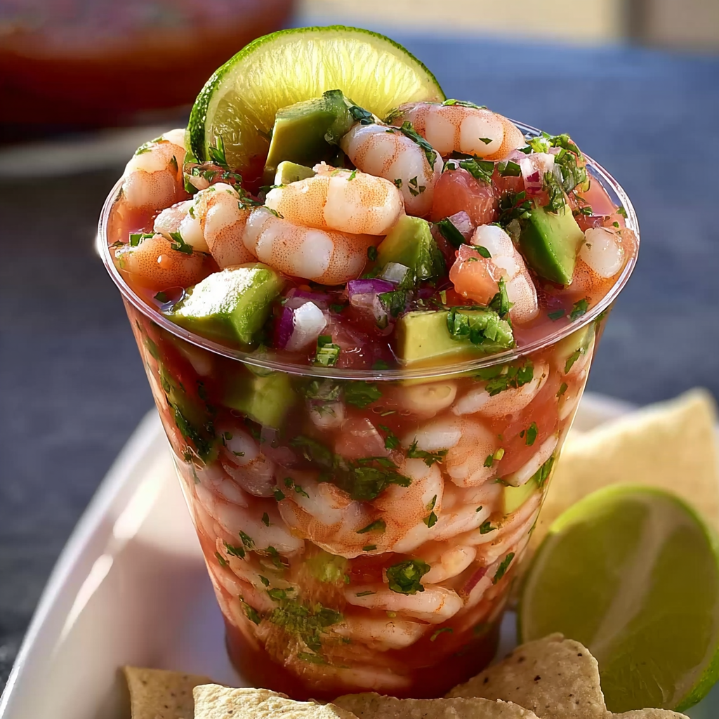 A cup of Mexican Shrimp Cocktail is displayed on a table.