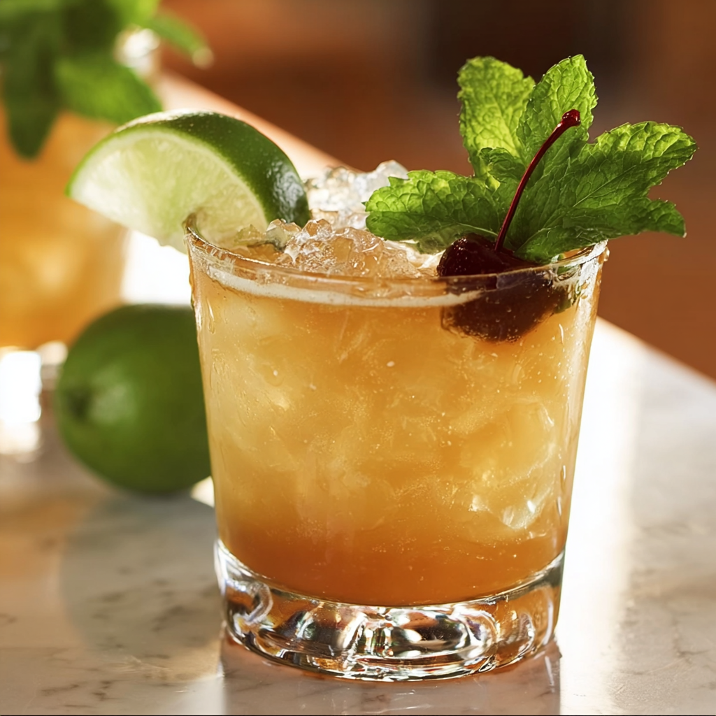 A glass of a tropical drink with a slice of lime and a cherry on top.