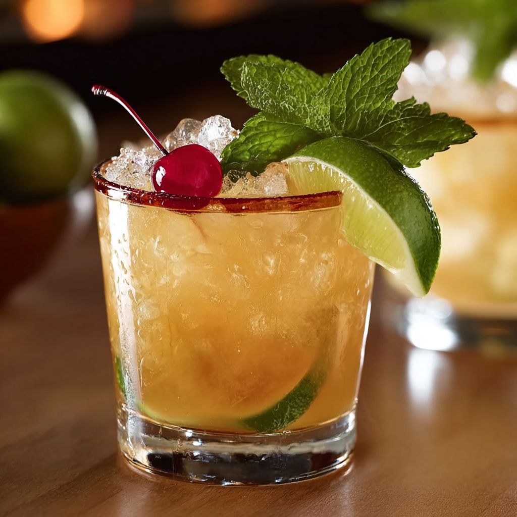 A glass of a tropical drink with a cherry and mint garnish.