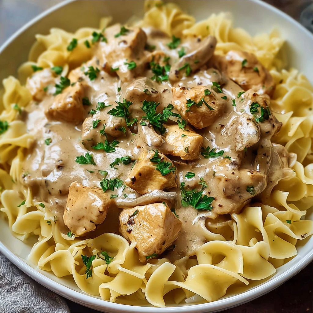 A bowl of pasta with chicken and cream sauce.