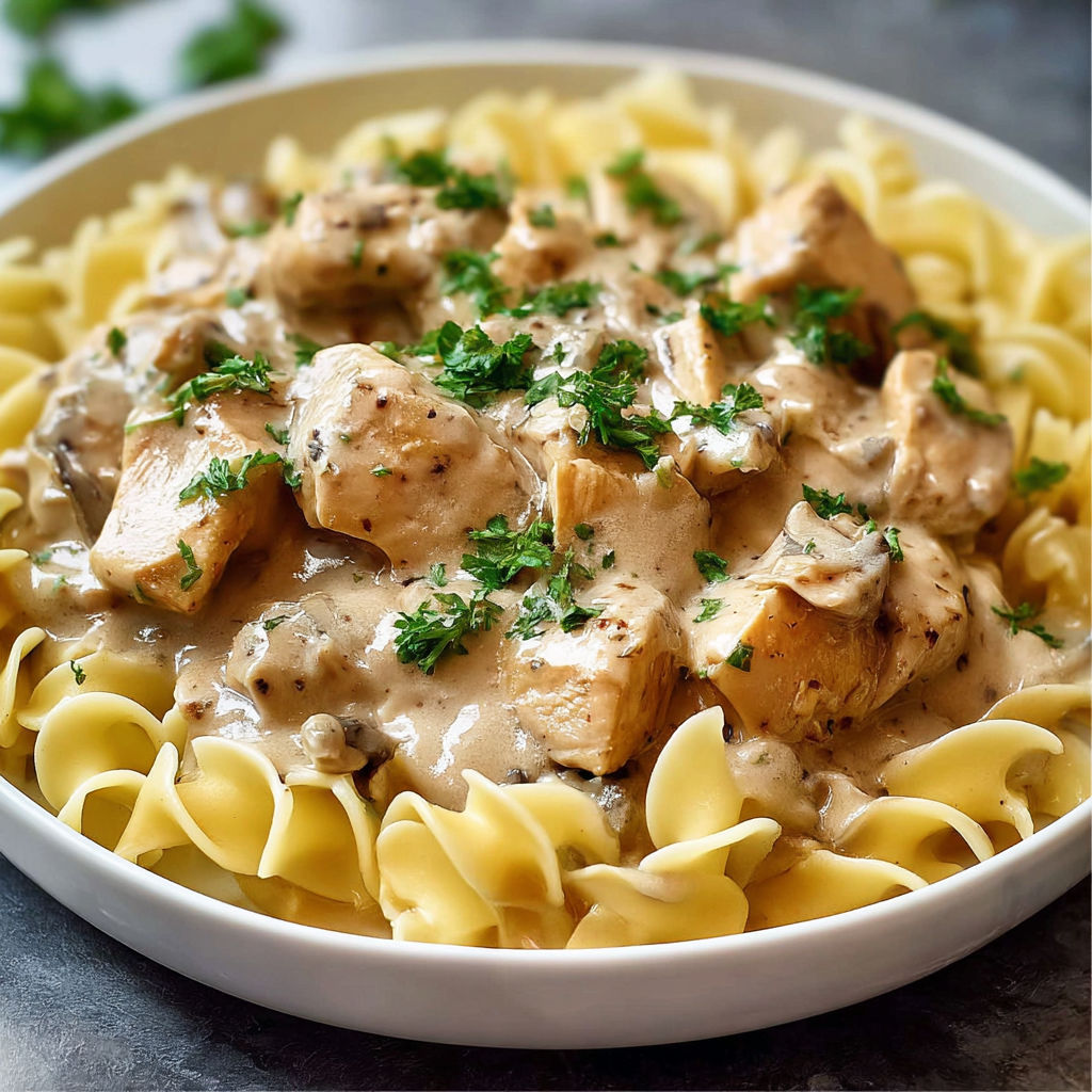 A delicious meal of chicken and noodles with a side of greens.