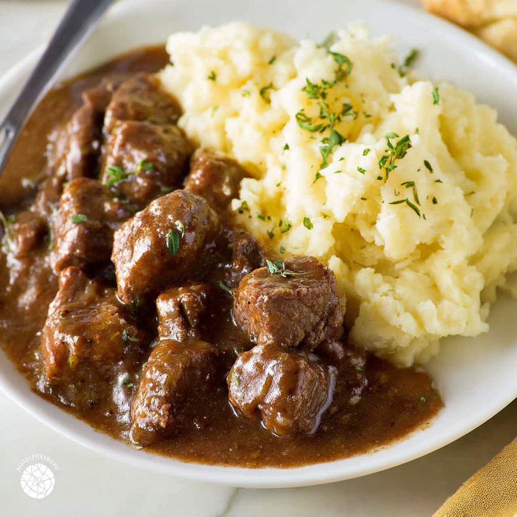 A plate of food with meat and potatoes, the dish is called "Meat and Potatoes" and is served with a fork.