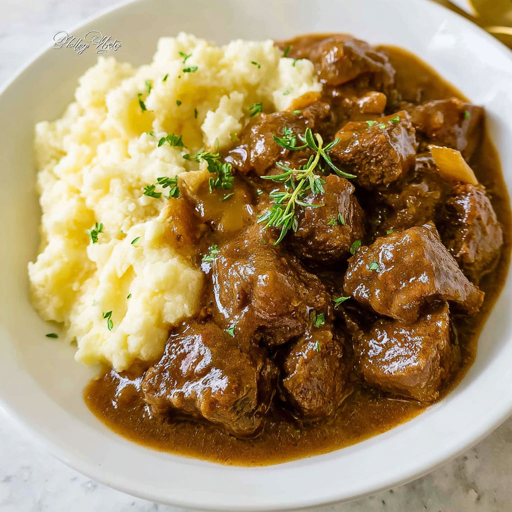 A bowl of meat and potatoes, with the meat being described as "beef stew.