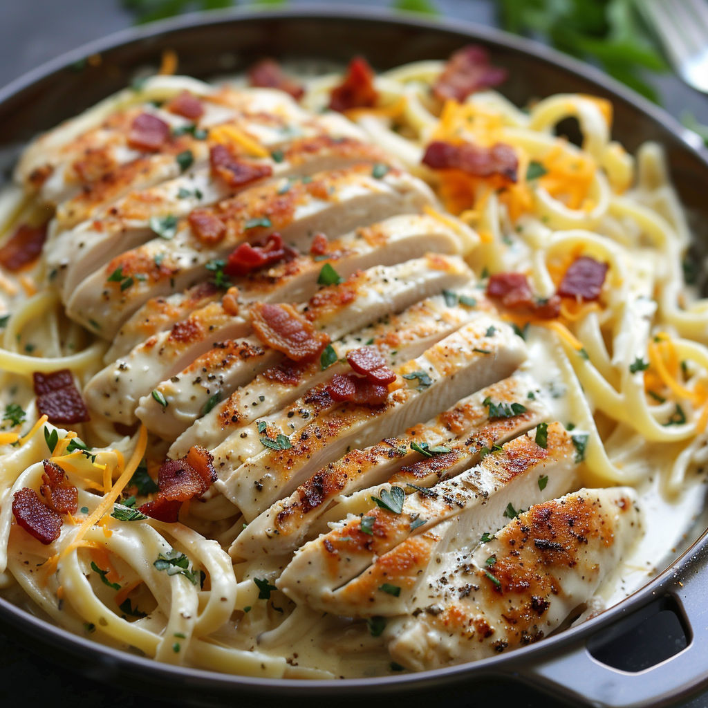 A delicious meal of chicken and pasta with cheese and bacon.