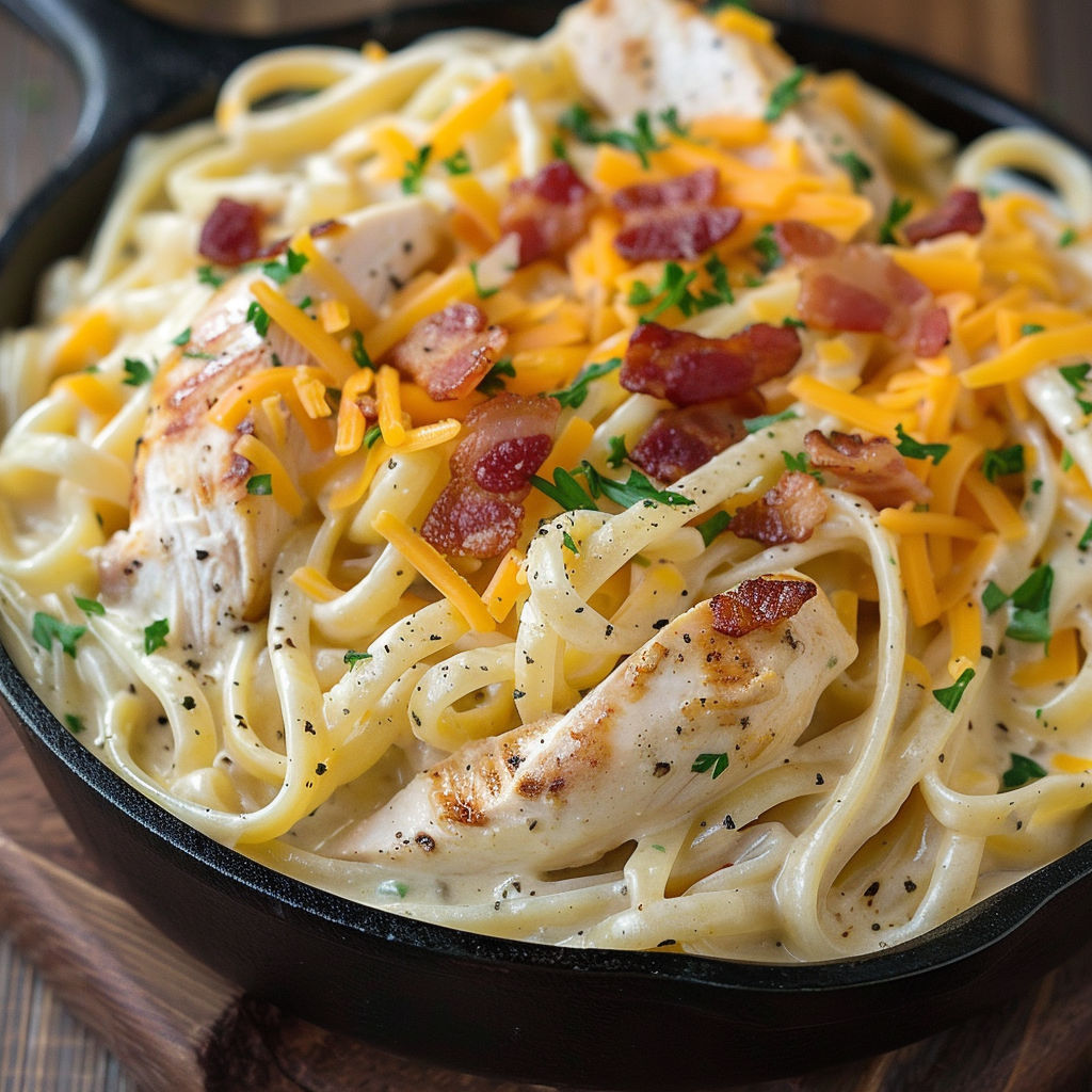A delicious pasta dish with chicken and bacon, served in a black skillet.
