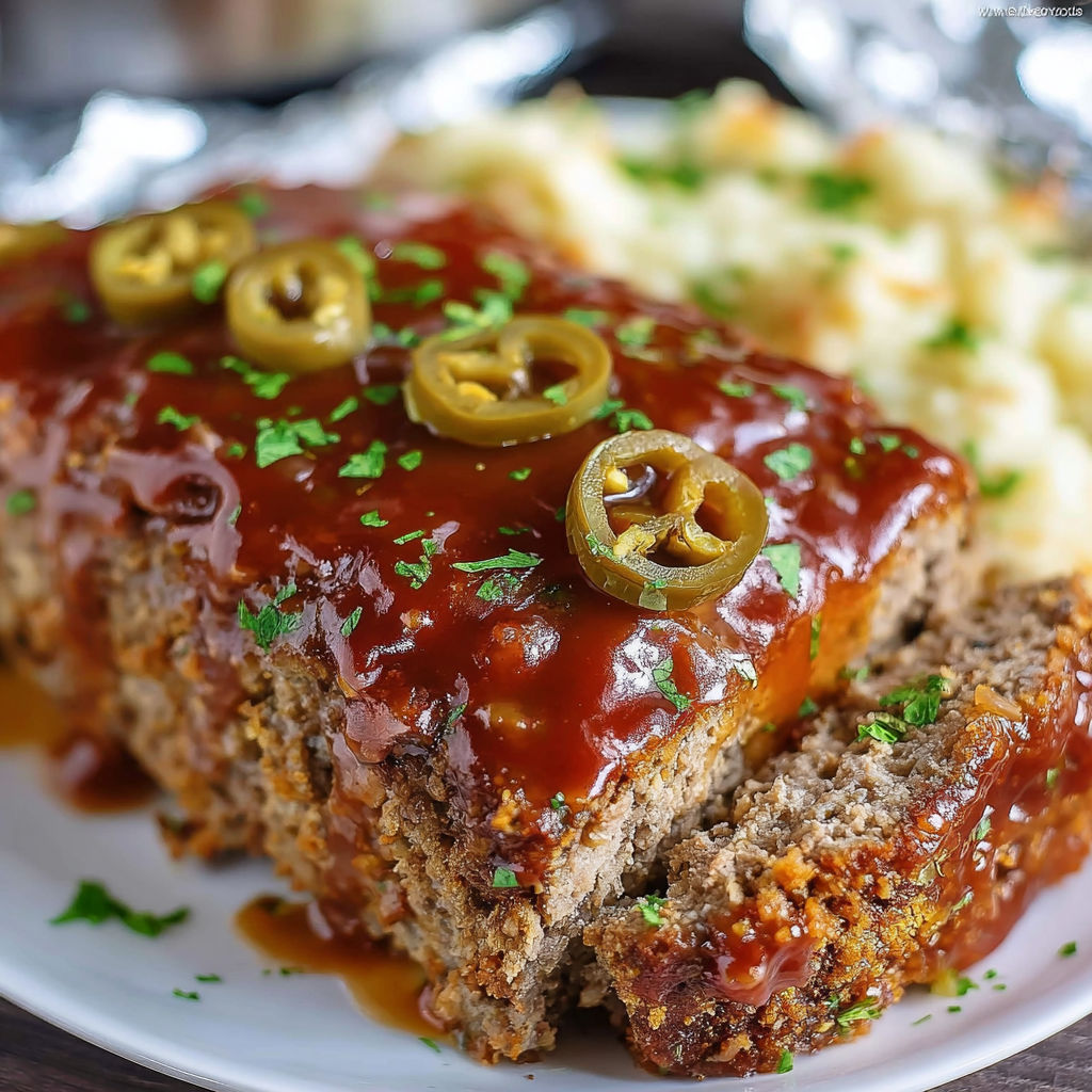 A delicious meal of meat covered in a tangy sauce and topped with jalapenos and green onions.