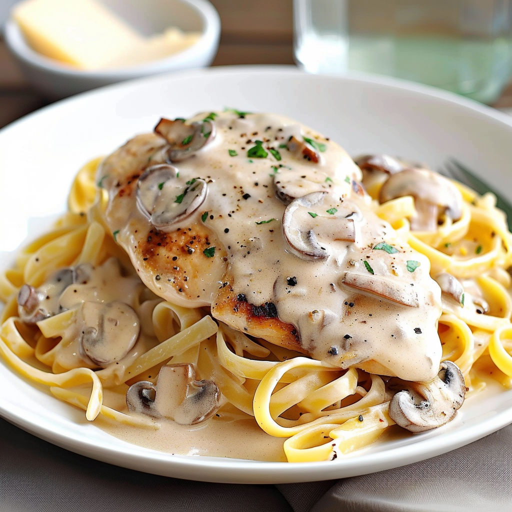 A plate of chicken and mushroom Alfredo pasta.