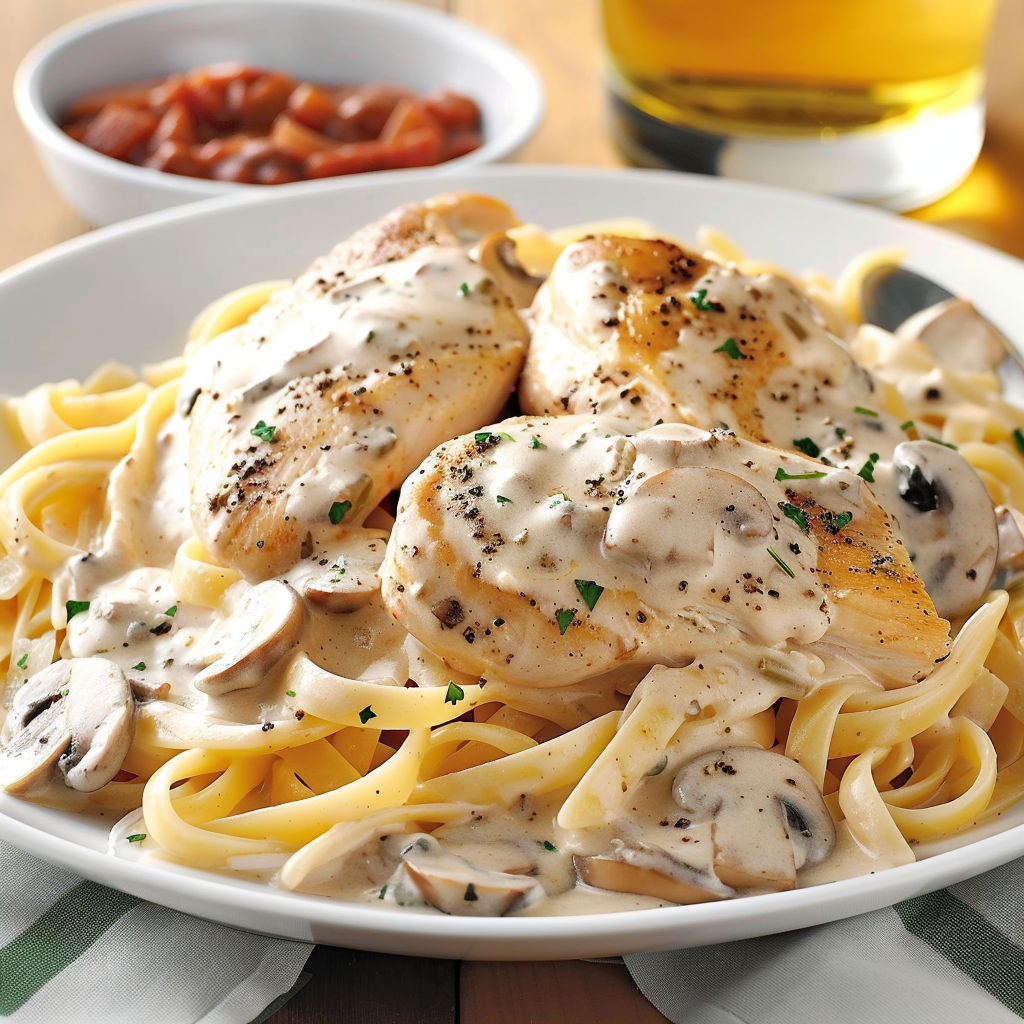 A plate of Chicken and Mushroom Alfredo with a side of marinara sauce.
