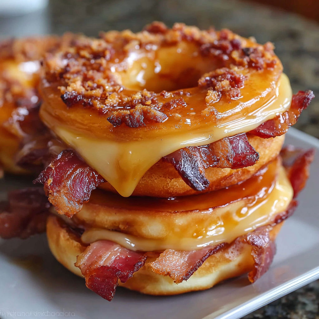 A stack of three donuts with bacon and maple glaze, topped with cheese.