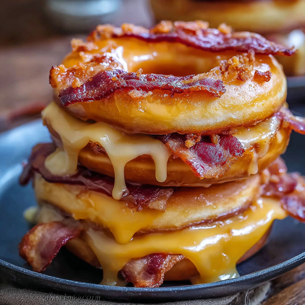A stack of three donuts with bacon and maple toppings, drizzled with cheese.