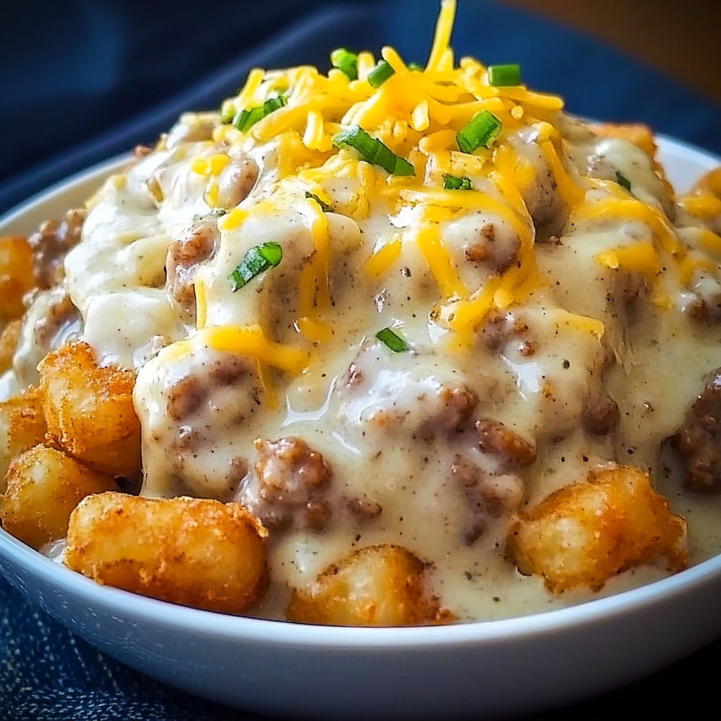 A bowl of Tater Tot Breakfast Bowl with Sausage Gravy, topped with cheese and green onions.