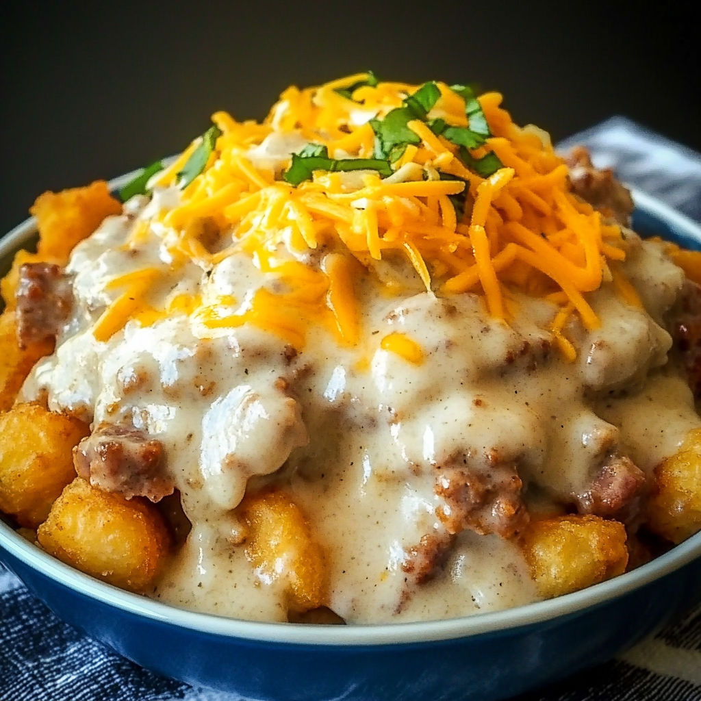 A delicious Tater Tot Breakfast Bowl with Sausage Gravy, topped with cheese and green onions.