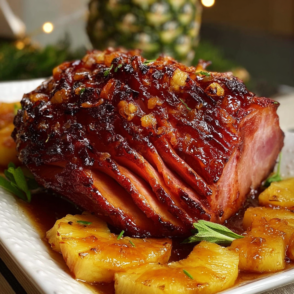 A delicious pineapple glazed ham with a side of pineapple chunks.