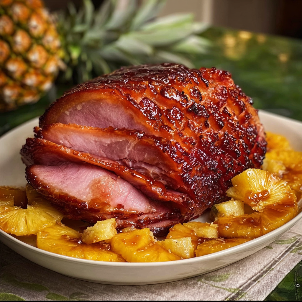 A delicious ham dinner with pineapple and bananas on the side.