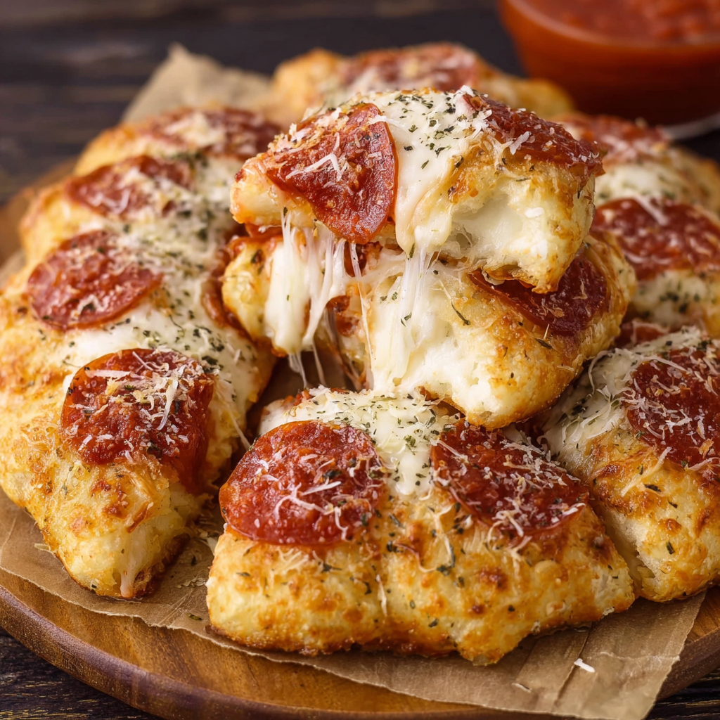 A plate of stuffed crust pizza snacks with cheese and pepperoni toppings.