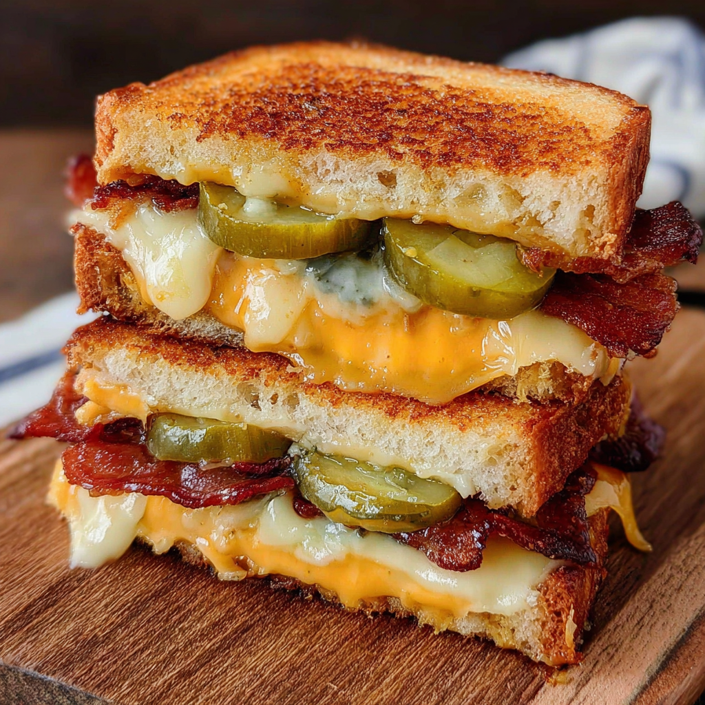 A stack of grilled cheese sandwiches with jalapenos and bacon.