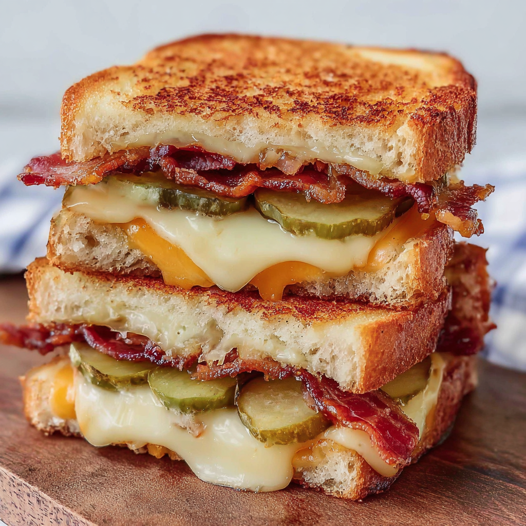 A stack of grilled cheese sandwiches with bacon and pickles.
