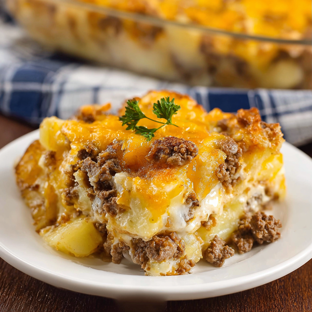 A delicious homemade casserole with ground beef and potatoes, served on a white plate.