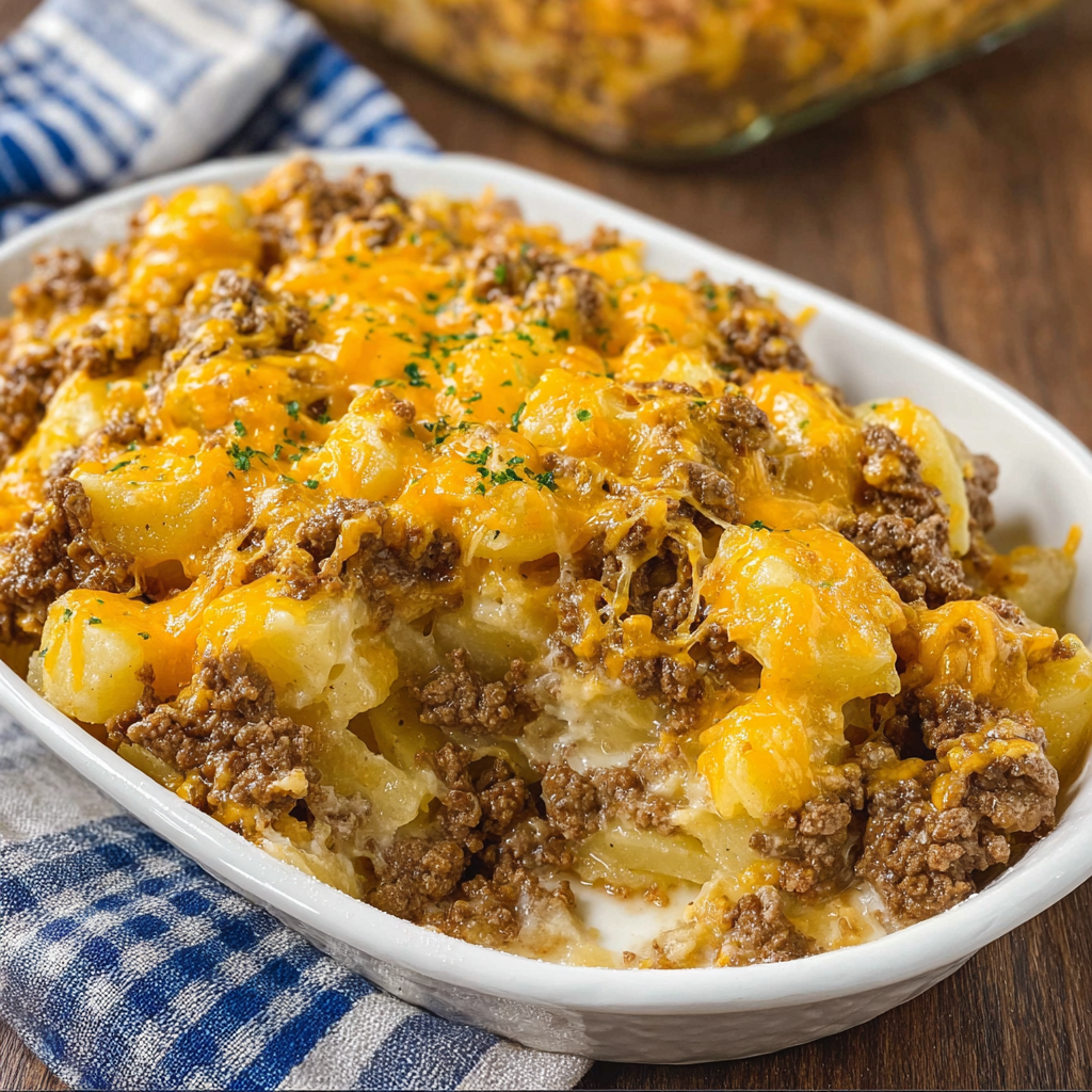 A delicious Ground Beef Potato Casserole is served in a white bowl.