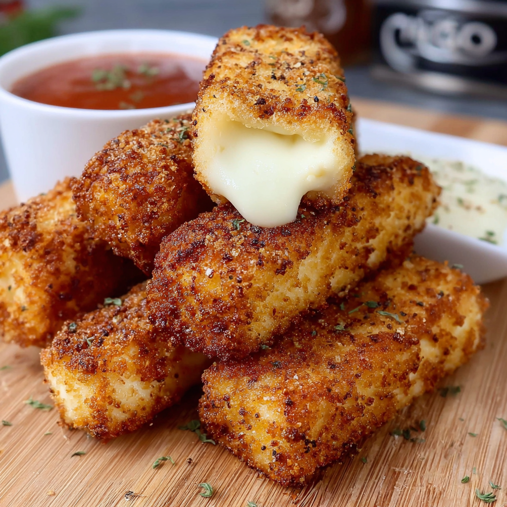 A plate of breaded cheese sticks with a side of marinara sauce.