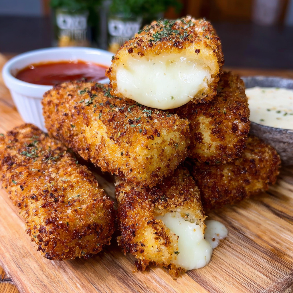 A plate of breaded cheese sticks with a bowl of dipping sauce.