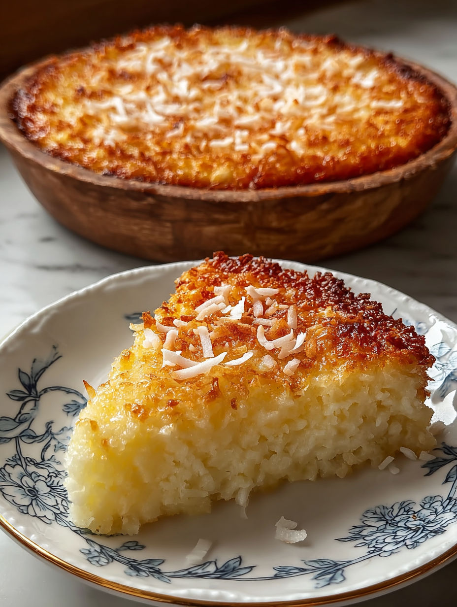 A slice of coconut cake on a plate.