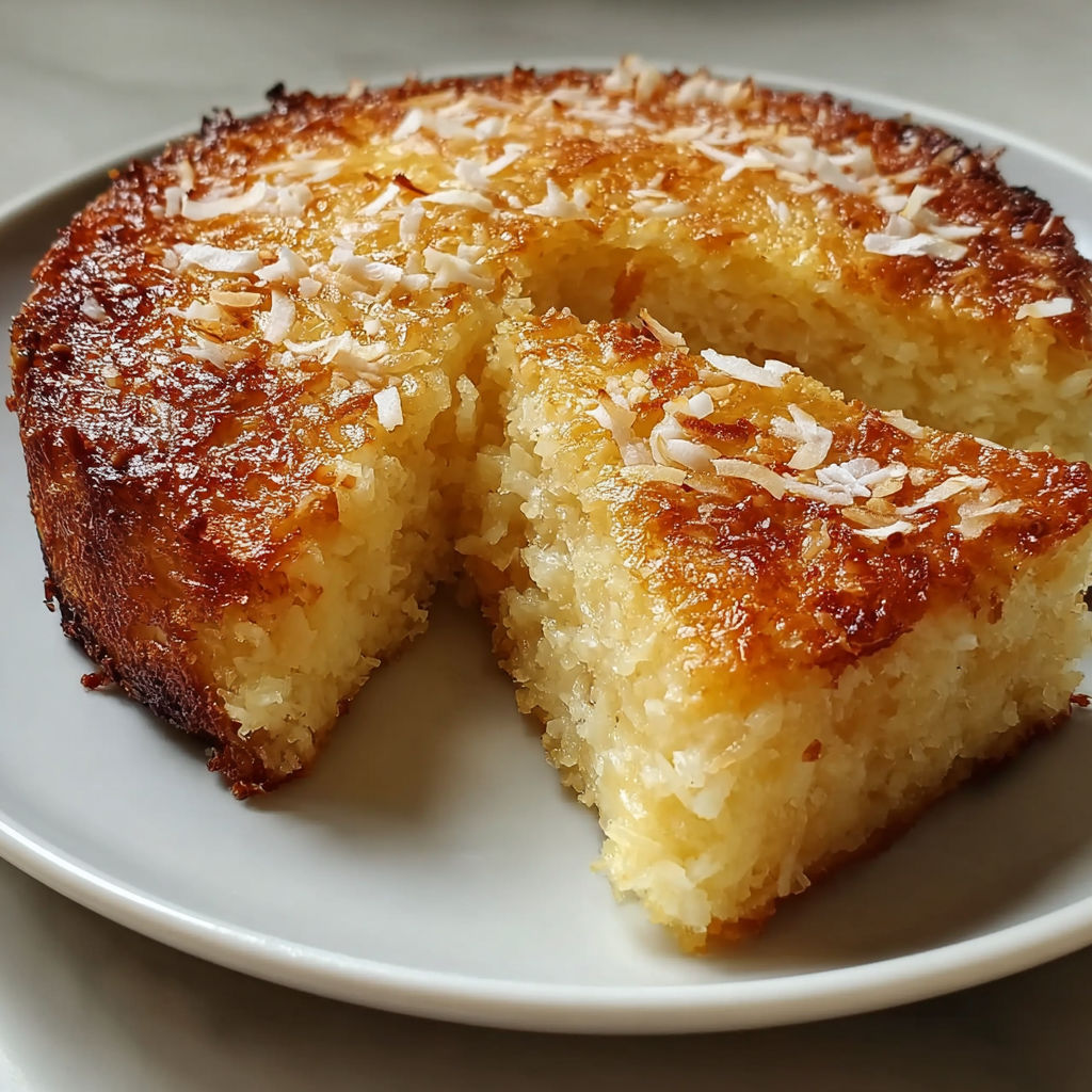 A slice of coconut cake on a plate.