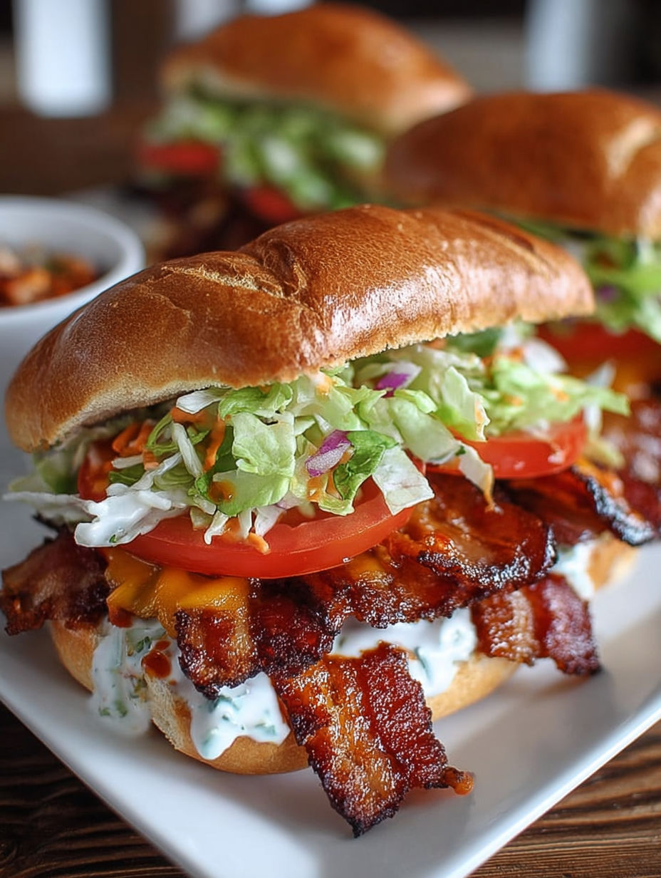 A BBQ Bacon Ranch BLT sandwich is displayed on a plate.