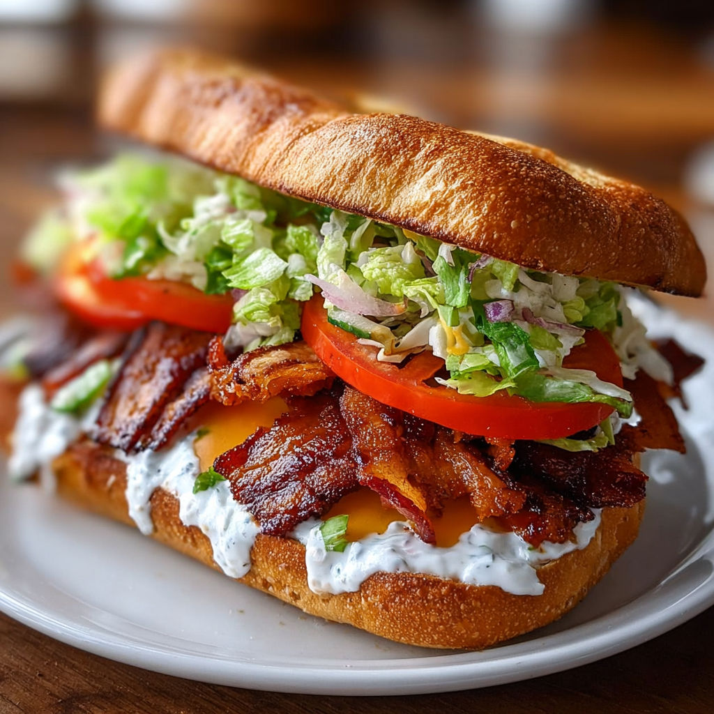 A BBQ Bacon Ranch BLT sandwich is displayed on a white plate.
