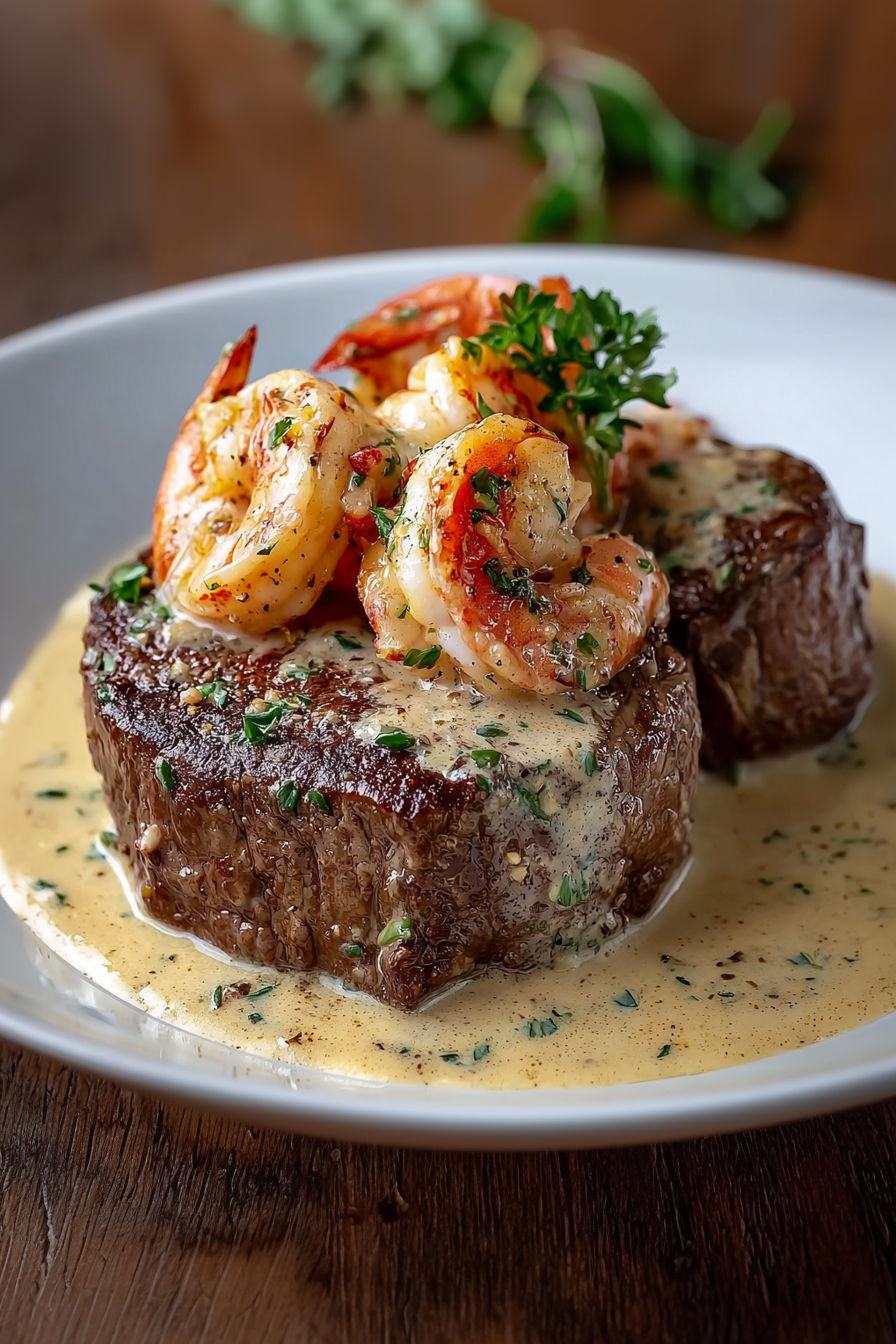 A plate of shrimp and beef with a creamy sauce, possibly a lobster cream sauce, served on a wooden table.