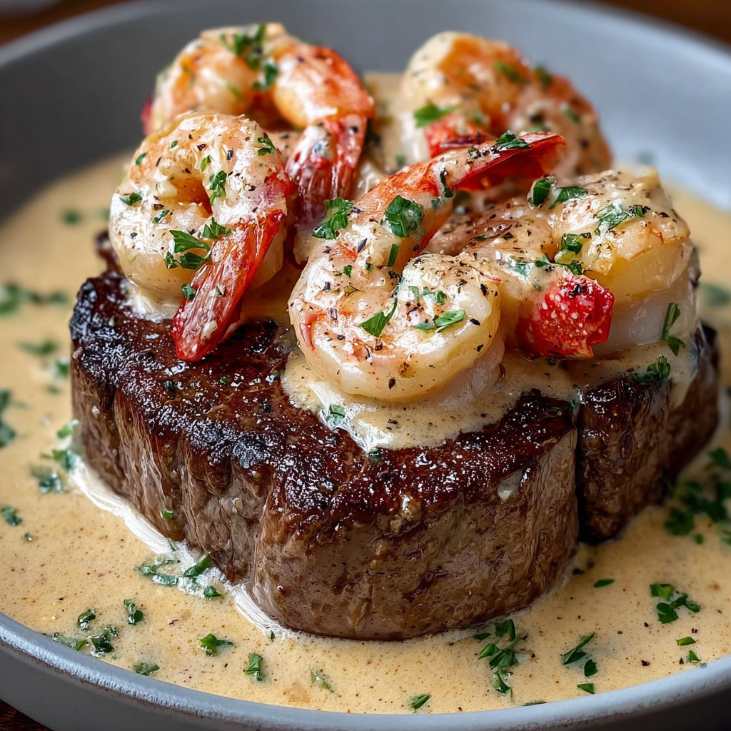A delicious seafood dish with shrimp and lobster tail, served on a plate with a creamy sauce.
