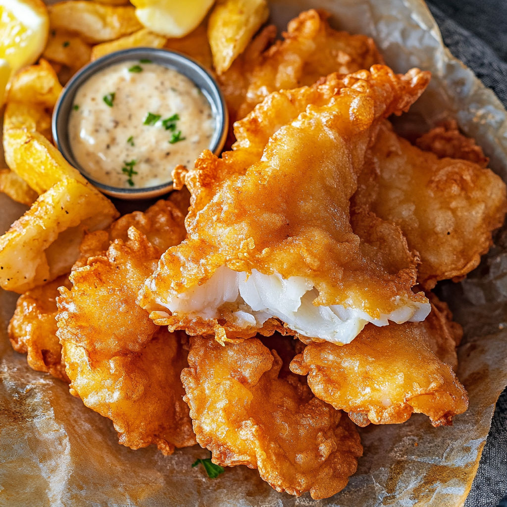 A plate of fish and chips with a dipping sauce.