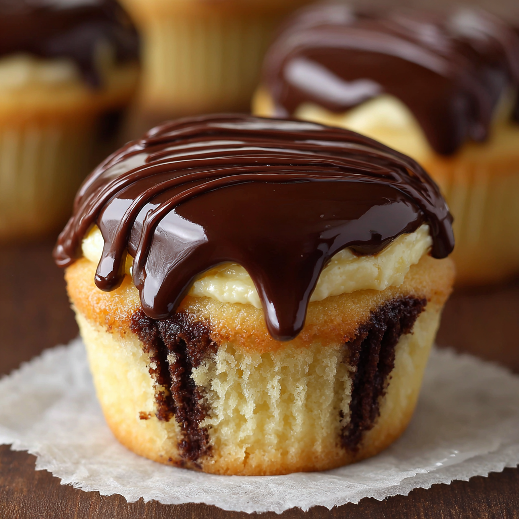 A chocolate cupcake with chocolate frosting and chocolate drizzle.
